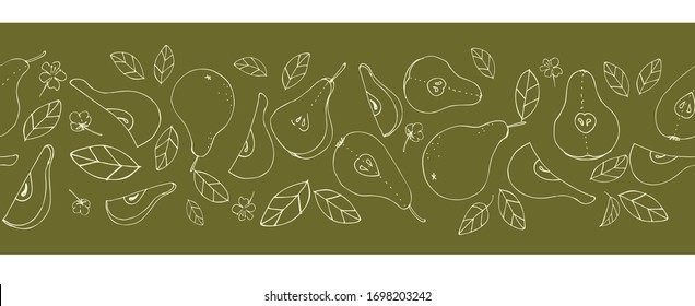 Seamless borders, ribbons, fruits and leaves. Tasty, juicy pears. Background design for duct tape, adhesive tape, packaging, paper, textile, fabric, eco products, vegetarian menu. Vector graphics. 
