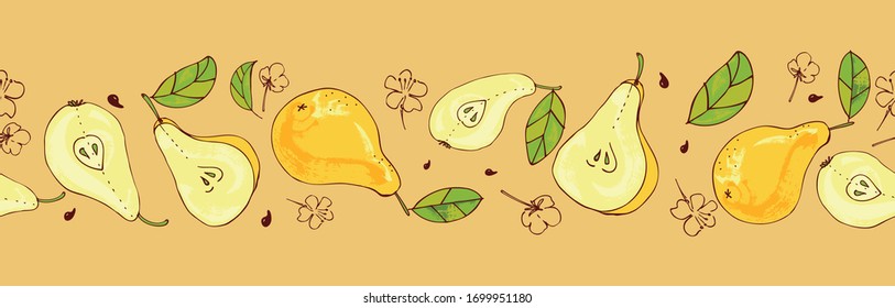 Seamless borders, ribbons, fruits and leaves. Tasty, juicy pears. Background design for duct tape, adhesive tape, packaging, paper, textile, fabric, eco products, vegetarian menu. Vector graphics. 