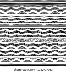 Seamless borders, ribbons set. Abstract waves, lines, brush strokes collection. Vector black and white endless pattern. Doodle decorations, ornaments. 