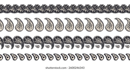Seamless borders set with black and white paisley floral pattern. Intricate eastern vintage background. Bohemian monochrome textile design.