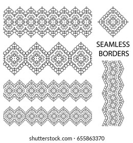 Seamless borders set isolated on white. Decorative tileable ornaments collection. Vector illustration.