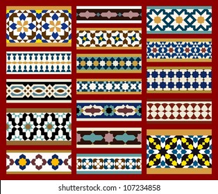 Seamless Borders Set In Moroccan Style. Mosaic Tile. Islamic Traditional Ornament.  Vector Illustration.