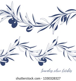 Seamless borders set of olive tree branches. Hand drawn vector outline illustration. Decorative design elements.