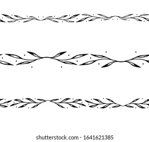 Seamless borders from simple graphic outline twigs. Hand-drawn elements for decoration of invitations, posters, social networks template. Stock vector illustration isolated on transparent background.