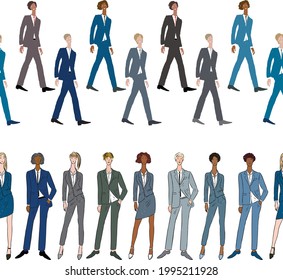 Seamless borders from sketches striding and standing young people in business suits