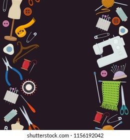 Seamless borders of tools for needlework and sewing. Handmade equipment and needlework accessoriesy, cartoon illustration. Vector