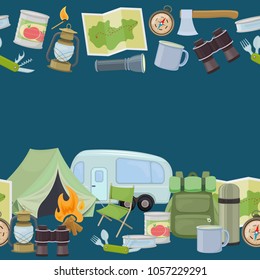 Seamless borders of travel equipment. Accessories for camping and camps. Colorful cartoon illustration of camping and tourism equipment. Vector