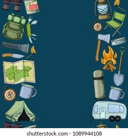 Seamless borders of travel equipment. Accessories for camping and camps. Colorful sketch cartoon illustration of camping and tourism equipment. Vector