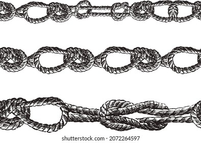 Seamless borders of various drawn sea knots from rigging rope