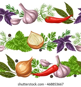 Seamless borders with various herbs and spices.