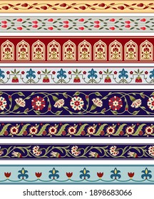 Seamless borders with various whimsical flowers. Central Asian, Suzani style. Pattern brushes included.