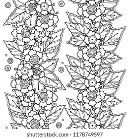 Seamless borders vector set in doodle style. Floral, ornate, decorative, tribal. Black and white background. Sunflowers summer, autumn decor. Zentangle coloring book page