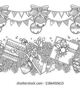 Seamless borders vector set in doodle style. Floral, ornate, decorative, tribal, Christmas design elements. Black and white background. Christmas decor, presents. Zentangle coloring book page