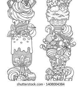 Seamless borders vector set in doodle style. Floral, ornate, decorative, tribal, dessert design elements. Black and white background. Ice cream, sweets. Zentangle coloring book page