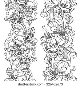 Seamless borders vector set in doodle style. Floral, ornate, decorative, tribal, Christmas design elements. Black and white background. Christmas tree, gift box, balls. Zentangle coloring book page