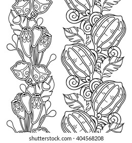 Seamless borders vector set in doodle style. Floral, ornate, decorative, tribal, forest design elements. Black and white background. Grass, bolls, seedpods. Magic forest. Zentangle coloring book page