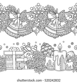 Seamless borders vector set in doodle style. Floral, ornate, decorative, tribal, Christmas design elements. Black and white background. Christmas decor, presents. Zentangle coloring book page