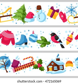 Seamless borders with winter objects. Merry Christmas, Happy New Year holiday items and symbols.