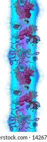 Seamless borfer of fantastic fishes and sea voyages. Vector illustration. Suitable for fabric, wrapping paper and the like