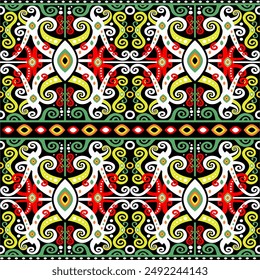 Seamless Borneo Ethnic pattern with natural color scheme of black yellow green and red 