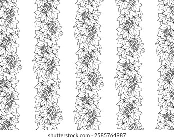 Seamless botanic pattern of grapes, leaves, branch, vine bunch, berries, plants. Decorative Elements for Decoration. Hand drawing doodles of vector vintage botanical elements.