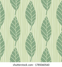 Patrón botánico inexorable con hojas en colores verde pastel. Fondo blanco con tiras. Fondo floral. Diseño decorativo para envolver papel, papel pintado, papel textil y tela.