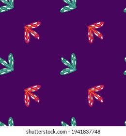 Seamless botanic pattern in minimalistic style with red and turquoise leaf shapes. Navy blue background. Perfect for fabric design, textile print, wrapping, cover. Vector illustration.