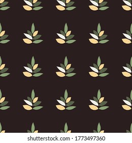 Seamless botanic pattern ornament leaves in green and yellow colors. Dark brown background. Designed for textile, fabric, wrapping paper, wallpaper. Vector illustration.