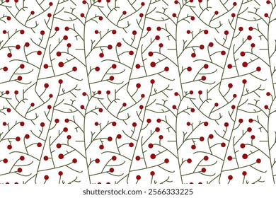 A seamless botanic pattern with red berries and branches. Branches and berries pattern on white.