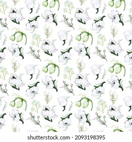 seamless botanical art wallpaper made of lily of the valley flowers. hand-drawn realistic doodles isolated on a white background. spring, vector illustration for print, paper.