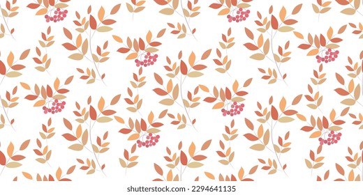 Seamless botanical background with autumn leaves and rowan branches. Great for printing on fabric and paper.