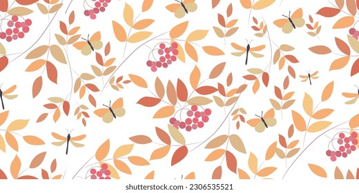 Seamless botanical background with autumn leaves and rowan branches. Great for printing on fabric and paper.