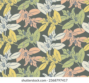 Seamless botanical background of colorful pastel lemon branches with flower dark marsh green background. Decorative floral print for home decoration.