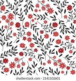 Seamless botanical background of delicate red wildflowers. Field plants. Vector floral pattern. You can print on fabric, paper. Wallpaper.