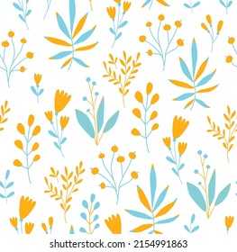 Seamless botanical background of delicate wildflowers. Field plants, berries. Vector floral pattern. Fabric, paper. Wallpaper.