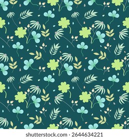 Fundo botânico sem costura com folhas de trevo e acentos florais em verde suave na base azul-verde. Perfeito para tecido, papelaria e design de superfície.