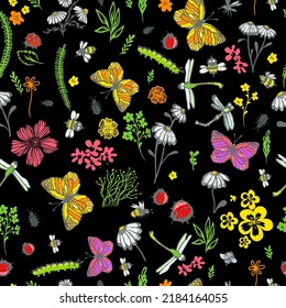 Seamless botanical background with flowers and butterflies. Vector illustration on a black background
