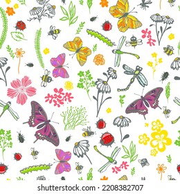 Seamless botanical background with flowers and butterflies. Vector illustration