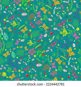 Seamless botanical background with flowers and butterflies. Vector illustration