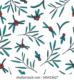 Seamless botanical background. Seamless background with a pattern from red berries, twigs and leaves. Organic wallpaper with green brunch and read berries in simple style.  Vector.