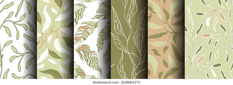 Seamless botanical backgrounds in earthy green and light brown tones. Nature motifs, elements, designs. Vector illustrations for printing wallpaper, packaging, fabric, etc.
