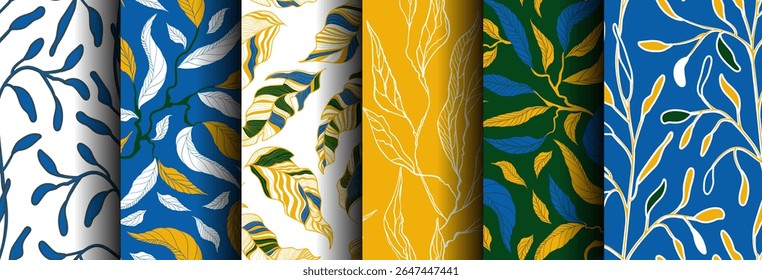 Seamless botanical backgrounds with vines, branches, leaves, foliage in rich colors of yellow, blue and green. Nature motifs and ornaments. Vector illustrations for printing wallpaper, packaging