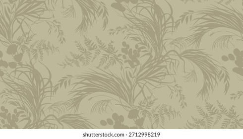 Un patrón beige botánico sin costuras con siluetas de plantas en Vector para textiles y diseño de Fondo de pantalla. Ilustración vectorial