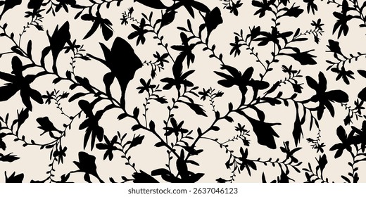 Seamless botanical branches pattern. Hand-drawn flora motifs for fabric fashion, decorative cards, or forest-inspired designs. Vector illustration