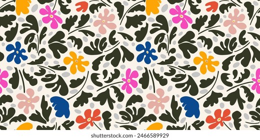 Seamless botanical 
colorful pattern. A bright modern collage of drawings of various flowers, branches, and hand-inked sketches. Vector illustrations of flowers for textiles, covers, pictures.