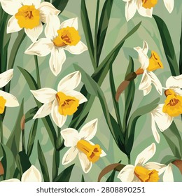 Seamless botanical daffodil pattern featuring elegant white and golden-yellow narcissus flowers with lush green foliage in a painterly style.
