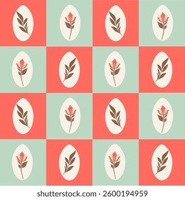 Seamless Botanical Egg checkered Pattern with stylized flowers pastele Colors. Folk style.