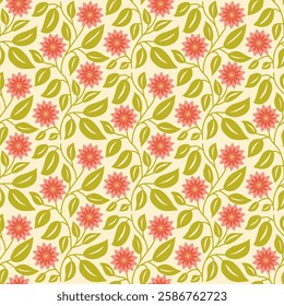 Seamless botanical floral pattern with elegant pink flowers and green leaves for decorative design. Perfect for textiles, wallpaper, stationery, gift wrapping, and digital projects.