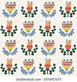 Seamless botanical floral pattern of elements in folk ethnic style. Simple vector design for paper, cover, fabric and home decor print.