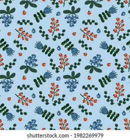 Seamless botanical floral pattern of elements in folk ethnic style. flowers, leaves and berries. Simple vector pattern for printing on paper, cover, fabric and home decor.